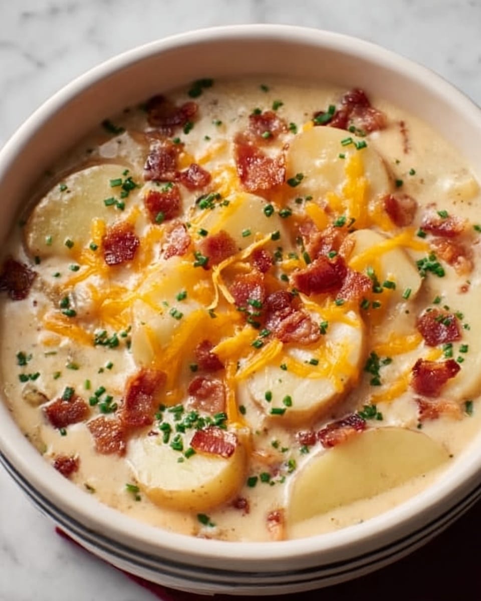 A white bowl filled with a creamy soup, topped with slices of pale yellow potato arranged in a circular pattern on the surface. The soup is light beige with a smooth texture and scattered with small, crispy bacon bits in reddish-brown color. Melted shredded cheddar cheese in bright orange patches sits on top, along with finely chopped green herbs sprinkled evenly over the soup. The bowl sits on a white marbled surface. Photo taken with an iphone --ar 4:5 --v 7