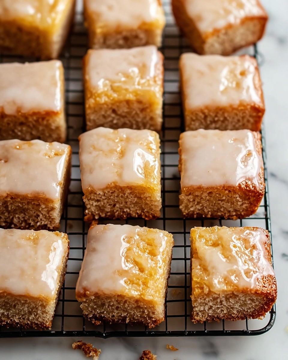 The image shows twelve square-shaped cake bars placed on a black cooling rack set on a white marbled surface. Each bar has two visible layers: the bottom layer is brown and appears soft and moist, while the top layer is golden brown with a slightly crispy texture. The top of each bar is covered with a thin, shiny white glaze, some with smooth and others with uneven spread, giving a glossy effect. The bars are arranged in close rows, and some crumbs are visible on the rack. Photo taken with an iphone --ar 4:5 --v 7