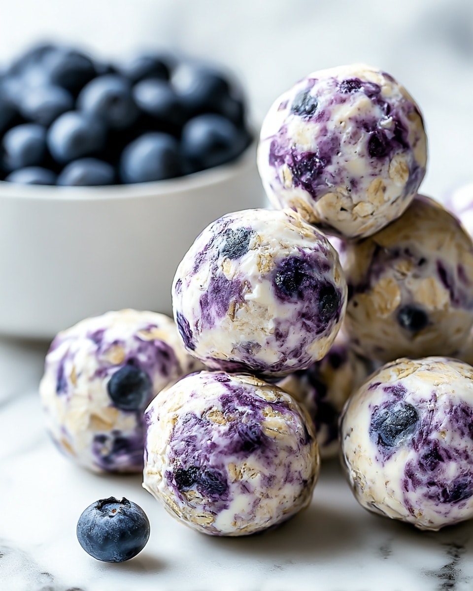 The image shows several round, bite-sized balls made of oats and blueberries mixed into a creamy white base. The blue and purple parts of the blueberries give the balls a marbled look, with the oats adding a rough, chewy texture visible throughout. These balls are arranged in a small pile on a white marbled surface. In the background, there is a white bowl filled with fresh blueberries, slightly out of focus to emphasize the oat and blueberry balls in the front. A single blueberry sits near the balls on the marbled surface. photo taken with an iphone --ar 4:5 --v 7