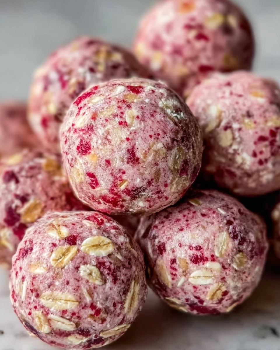 The image shows a close-up of several round, bite-sized energy balls placed closely together. Each ball has a rough texture with visible oats mixed inside and a pinkish-red color mixed with white bits. The oats are scattered unevenly on the surface, giving a natural, homemade look. The balls look soft but firm, and they sit on a white marbled textured surface. photo taken with an iphone --ar 4:5 --v 7