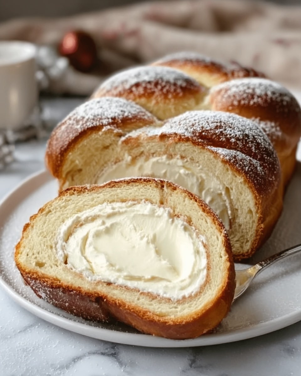 A white plate holds a braided bread loaf sliced to show its inside. The bread loaf has a golden-brown crust dusted lightly with powdered sugar. Inside, there are two thick white cream cheese layers rolled neatly within the soft light-brown bread. One slice is separated from the loaf and placed in front, showing its creamy and soft texture clearly. The setting is on a white marbled surface with a cozy, warm feel. Photo taken with an iphone --ar 4:5 --v 7