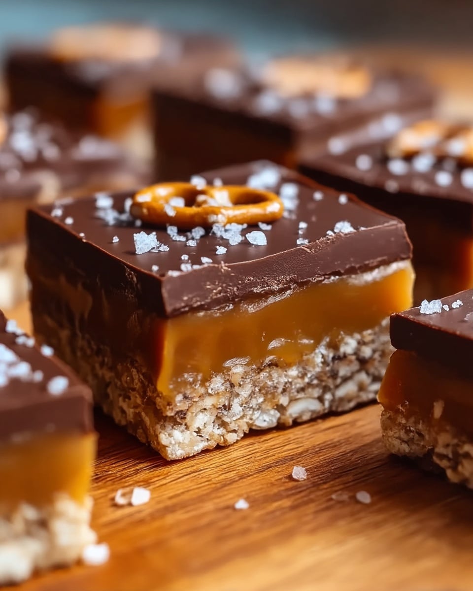 The image shows fudge squares with three clear layers, stacked together on a wooden surface. The bottom layer is light golden-colored with a crunchy texture made of cereal or crisped rice. Above that is a thick, gooey, amber caramel layer that looks smooth and sticky. The top layer is a rich, dark chocolate layer that is thick and creamy, sprinkled with coarse white salt crystals and small pieces of broken pretzel. The caramel slightly oozes out between the layers, making the treat look very appetizing. Photo taken with an iphone --ar 4:5 --v 7