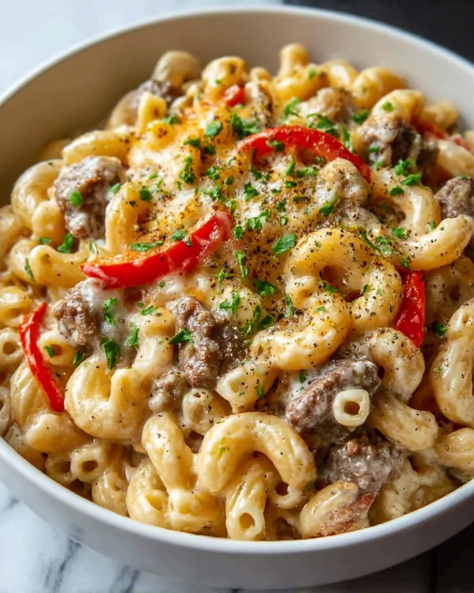 A close-up of a white bowl filled with creamy macaroni pasta mixed with small pieces of cooked beef and slices of red bell pepper. The top layer of the dish is covered with melted cheese that is golden brown in some spots and sprinkled with chopped green herbs and black pepper. The macaroni has a soft, curved shape, and the beef pieces are distributed evenly throughout the dish. The bowl sits on a surface with a white marbled texture. Photo taken with an iphone --ar 4:5 --v 7
