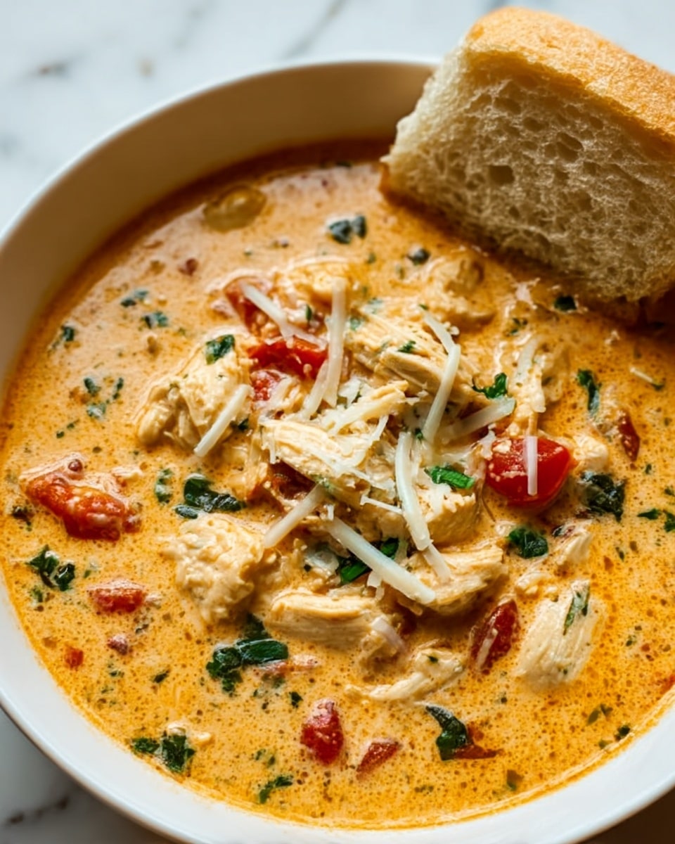 The image shows a creamy soup served in a white bowl placed on a white marbled surface. The soup has a thick, orange-colored base with visible chunks of white chicken pieces spread evenly within. Small bits of red tomatoes and dark green herbs are sprinkled throughout the soup, adding contrast and texture. A few shreds of white cheese are scattered on top, melting slightly into the warm soup. On the side, a piece of light brown bread with a soft texture leans against the bowl. Photo taken with an iphone --ar 4:5 --v 7
