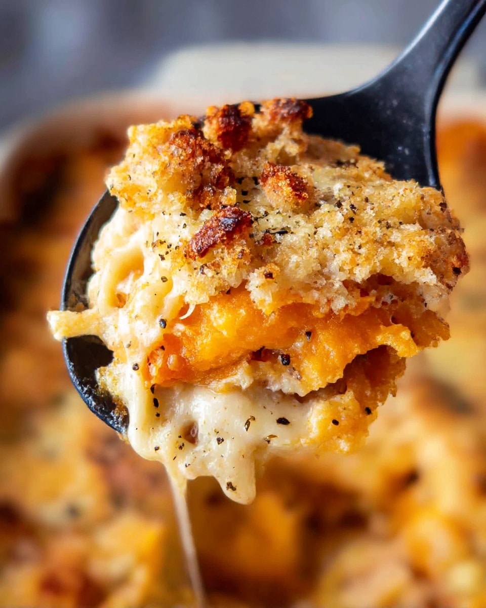 The image shows a close-up of a black spoon holding a serving of a layered dish with a crumbly topping. The top layer is golden-brown and crispy with small chunks of crust. Beneath that is a vibrant orange layer that looks soft and cooked, possibly a vegetable or fruit base. Below this is a creamy, melted cheese layer with a slight stretch and some black pepper sprinkled on it. The bottom layer appears to be tender, cooked pieces mixed with all the layers. The background is blurred but shows more of the same dish. Photo taken with an iphone --ar 4:5 --v 7