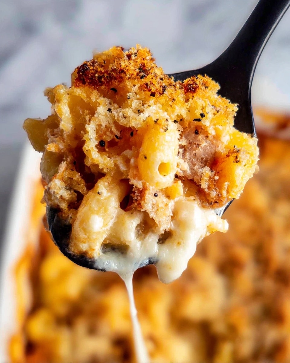 A close-up view of a spoonful of baked macaroni and cheese showing three main layers: the bottom layer is gooey melted white cheese mixed with pasta, the middle layer is a mix of browned, soft macaroni pieces with some sauce, and the top layer is a golden brown crispy breadcrumb crust with small black pepper bits scattered on it. The spoon is black and held in front of a blurred white marbled textured background with more of the baked dish visible out of focus. The colors are warm with golden yellows, light browns, and creamy whites. Photo taken with an iphone --ar 4:5 --v 7