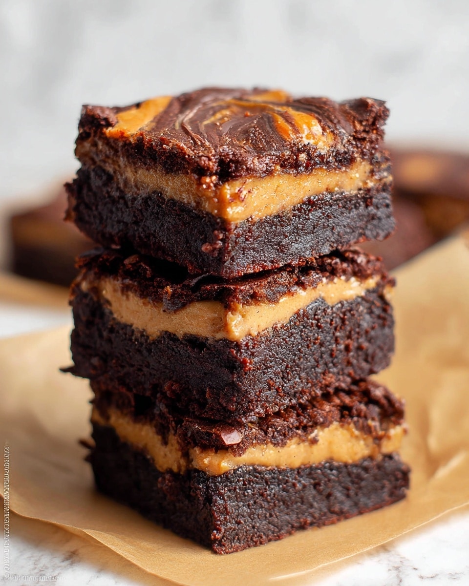 A stack of three rich chocolate brownies sits on crinkled brown parchment paper over a white marbled surface. Each brownie has two dark, dense chocolate layers with a smooth, creamy peanut butter layer sandwiched in the middle. The peanut butter layer has a slightly shiny texture and some swirls of peanut butter are visible on top of the brownies, adding a contrasting orange-brown color. The edges of the brownies look soft and fudgy, with a few crumbly spots. Photo taken with an iphone --ar 4:5 --v 7
