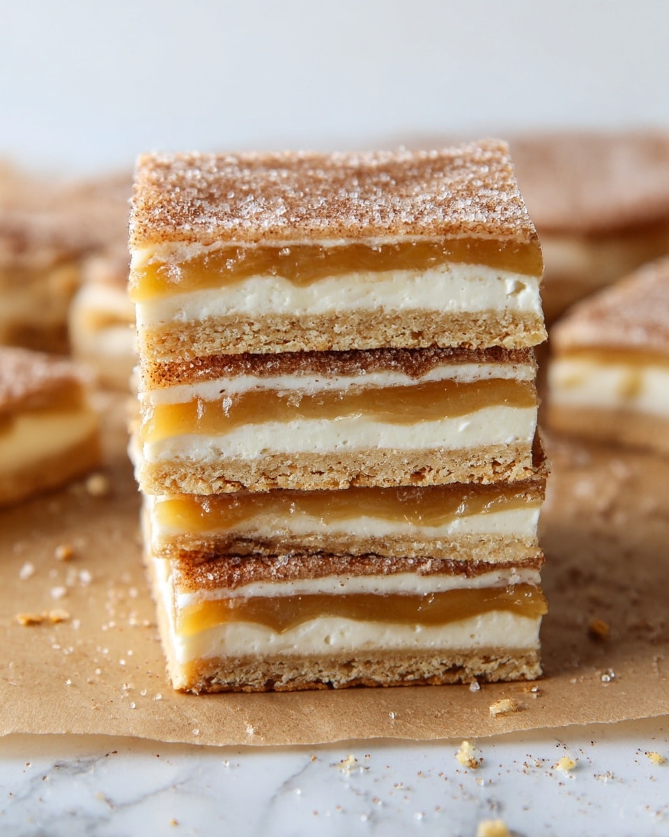 A close-up view of a square stack of layered dessert bars on a piece of brown parchment paper over a white marbled surface, consisting of six visible layers. The bottom layer is a light tan, crumbly cracker base, followed by a creamy white layer, then a shiny golden caramel layer with a sticky texture, alternating with the cracker, white creamy layers, and caramel, topped with a light brown layer dusted generously with sugar and cinnamon crystals. The top appears slightly rough and sprinkled with sugar, with crumbs scattered around the stack. Photo taken with an iphone --ar 4:5 --v 7