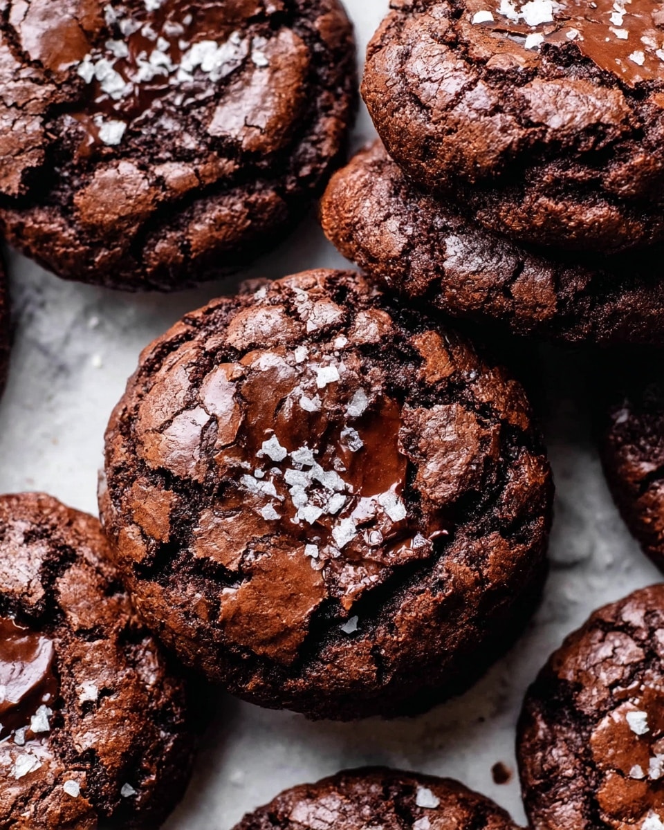 The image shows a close-up of several cracked chocolate cookies piled together, each with a deep, rich brown color and a slightly shiny, cracked surface that looks crispy on the outside. The cookies have rough textures with visible cracks and a swirl pattern on top, showing a soft, fudgy inside in some parts. Coarse salt flakes are sprinkled on the top surface, adding contrast with their white color against the dark cookies. The cookies sit on a white marbled textured surface with a hint of a white plate or tray edge visible beneath them. photo taken with an iphone --ar 4:5 --v 7