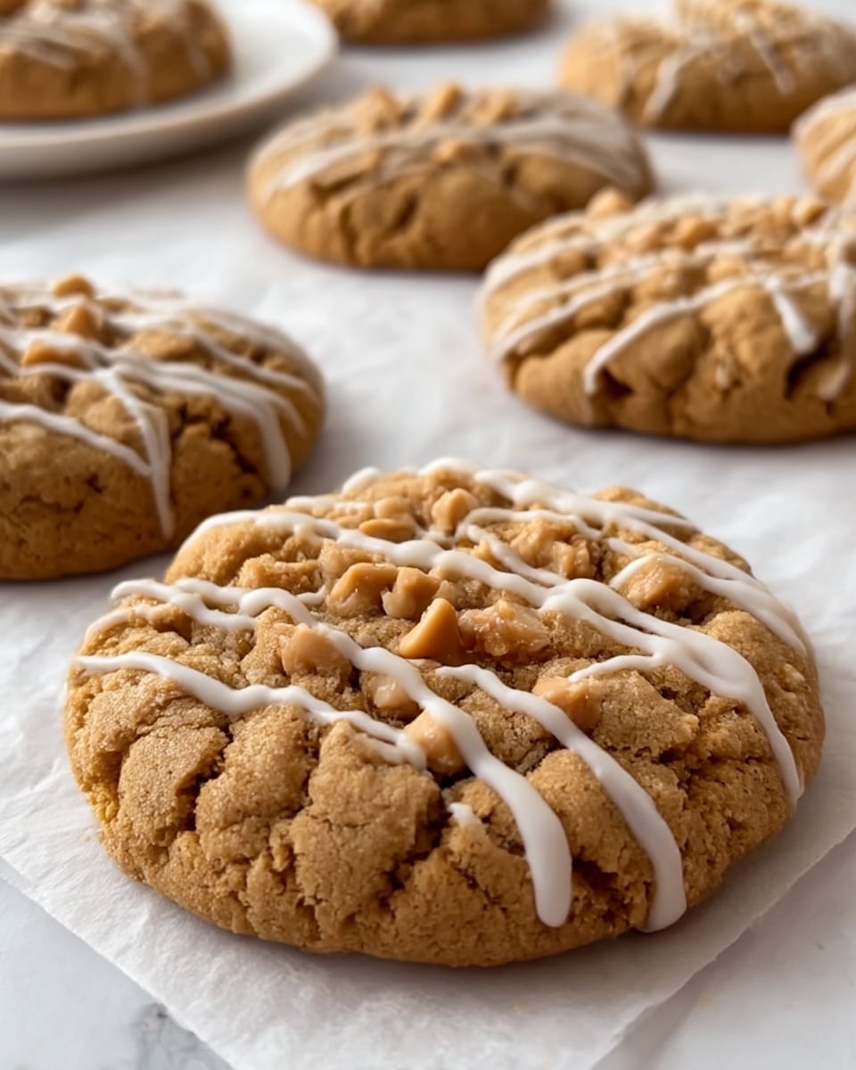 The image shows a close-up view of multiple soft, round cookies placed on white parchment paper over a white marbled surface. Each cookie has a textured, cracked surface with a golden-brown color and small peanut chunks on top. Across the top of the cookies, there is a thin drizzle of white icing, creating fine lines that contrast with the cookie's rough texture. In the background, more cookies are arranged slightly out of focus on a white plate. Photo taken with an iphone --ar 4:5 --v 7