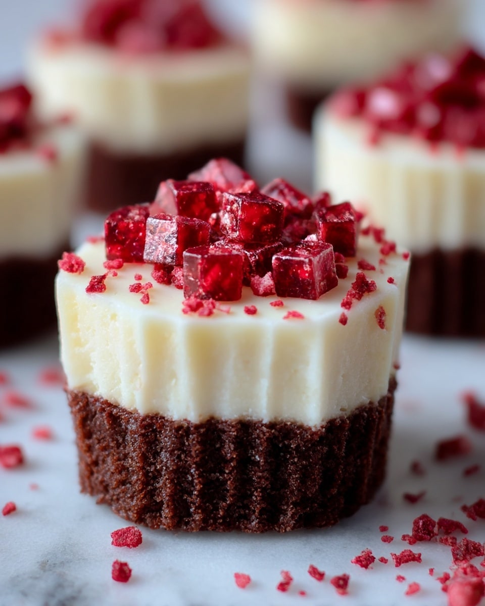 The image shows a close-up of a small dessert with two layers, placed on a white marbled surface. The bottom layer is dark brown, crumbly, and dense like chocolate cake. The top layer is creamy and smooth, pale yellow in color. On top of the creamy layer, there is a pile of small, shiny, red cubes that look like gelatin or fruit jelly, with red crumbs scattered around them and on the marbled surface. The dessert is in the shape of a short cylinder, and more similar desserts can be seen blurred in the background. photo taken with an iphone --ar 4:5 --v 7