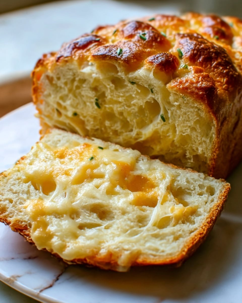 The image shows a close-up of a loaf of cheesy bread with a golden-brown top crust that looks crispy and slightly browned. The bread is cut to show the inside, which is soft and fluffy with melted cheese strands stretching out, giving a gooey texture. The bread's inside is pale yellow with visible cheese pockets. The loaf rests on a white plate with a green floral edge, placed on a white marbled surface. Photo taken with an iphone --ar 4:5 --v 7