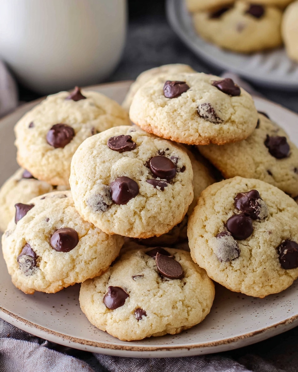 A pile of soft, round chocolate chip cookies stacked casually on a white plate with a slightly textured surface. Each cookie is pale golden with a slightly cracked top, revealing a soft, crumbly texture. Dark brown chocolate chips are embedded throughout the cookies and are visible on the surface, some melting slightly, adding rich contrast. The plate sits on a white marbled texture surface, and a blurred white cup is visible in the background. The cookies look fresh and inviting, with some overlapping and resting on each other. photo taken with an iphone --ar 4:5 --v 7