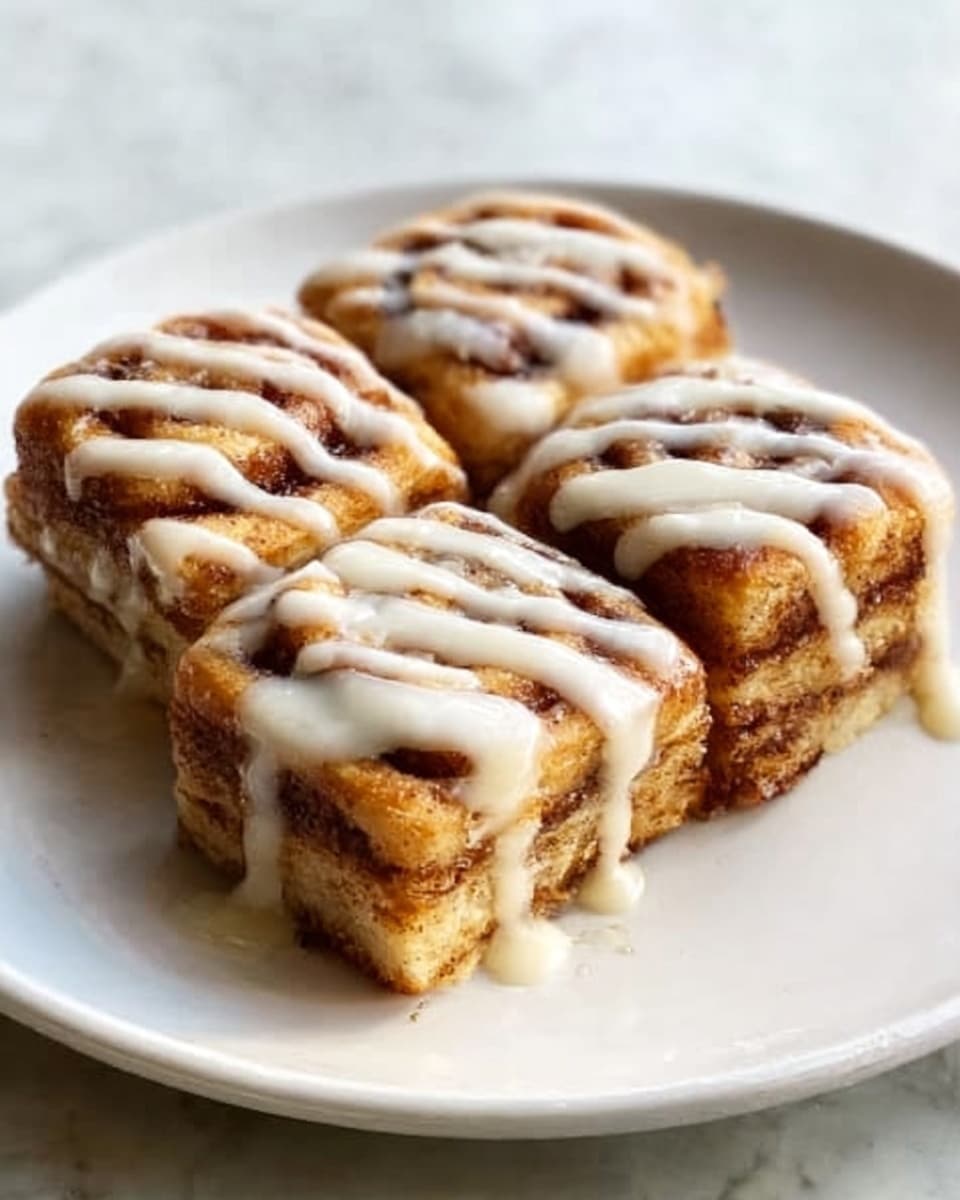 Four small square cinnamon rolls sit close together on a plain white plate. The rolls have a golden-brown baked color with visible layers of soft dough and cinnamon swirl inside. Each roll is topped with creamy white icing drizzled in neat rows across the surface, slightly melting and dripping down the sides. The plate is placed on a white marbled textured surface. Photo taken with an iphone --ar 4:5 --v 7