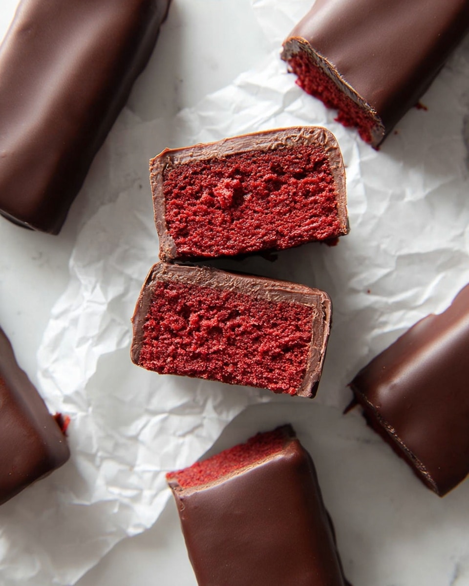 The image shows several rectangular chocolate-covered bars placed on crinkled white paper over a white marbled surface. Two of the bars are whole and one is cut into two pieces with the cut sides facing up, revealing a deep red, moist, and finely textured interior. The chocolate coating is smooth and medium brown, thinly covering the bright red cake center inside. The bars are arranged closely, with the cut pieces in the center and whole bars around them. photo taken with an iphone --ar 4:5 --v 7