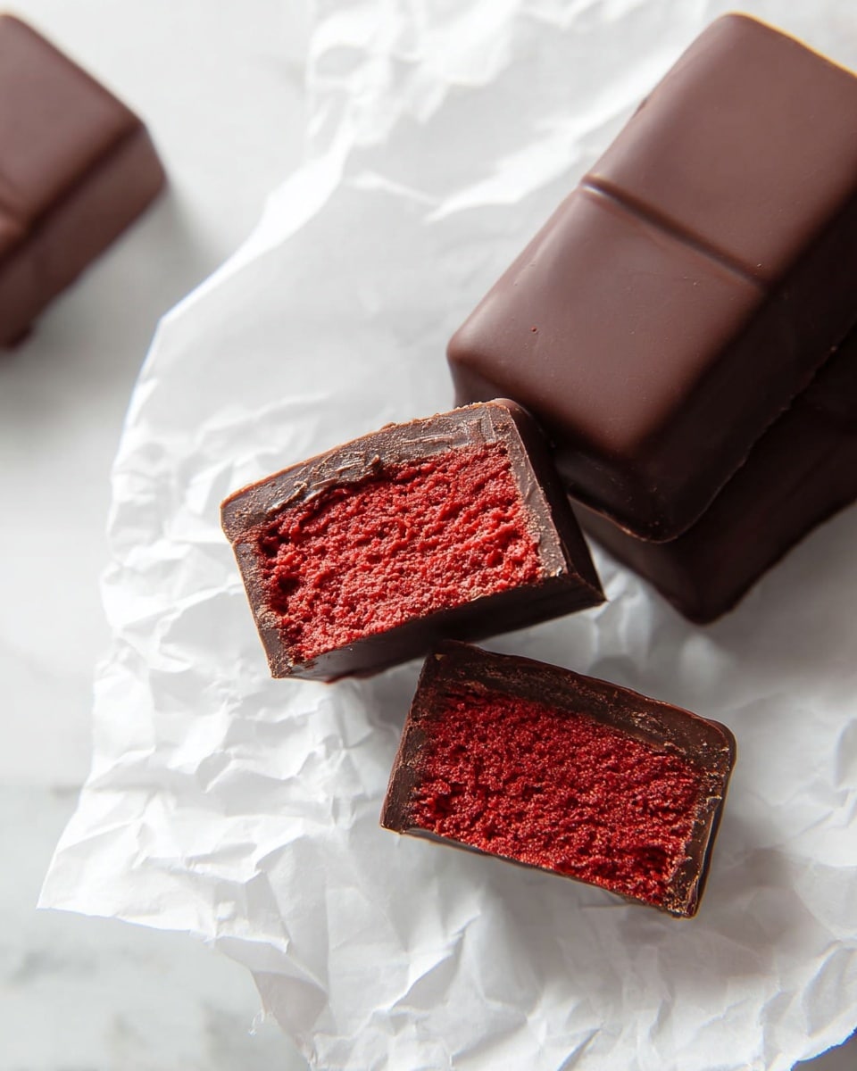 The image shows rectangular bars coated in smooth, dark brown chocolate. One bar is cut into two pieces, revealing a dense, finely textured, bright red inside layer that contrasts sharply with the chocolate outer layer. The bars are placed on crumpled white paper, all set on a white marbled surface. The composition highlights the rich and vibrant red center against the glossy chocolate shell. photo taken with an iphone --ar 4:5 --v 7