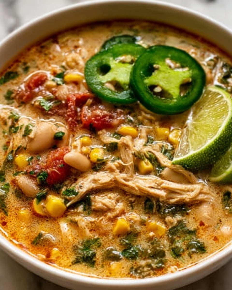 A close-up image of a white bowl filled with a thick soup with multiple layers. The bottom layer shows a creamy orange broth mixed with small pieces of shredded chicken, white beans, yellow corn, chopped green herbs, and diced red tomatoes. On the top, three slices of fresh green jalapeño peppers are placed near the edge, along with a bright green lime wedge on the right. The surface has small bits of herbs and some oil droplets, creating a rich texture. The bowl is set on a white marbled background. Photo taken with an iphone --ar 4:5 --v 7