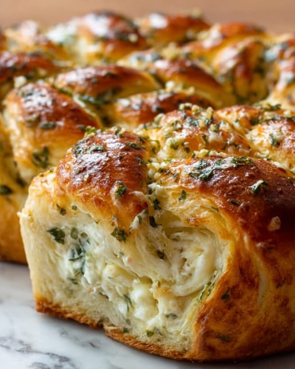 The image shows close-up bread rolls with a braided pattern, made of soft, golden-brown dough. The rolls have layers visible with white creamy filling mixed with green herbs, spread evenly between the dough layers. The top surface has a shiny, slightly crisp texture sprinkled with small pieces of herbs. The bread looks fluffy inside with a slight shine from the butter or glaze on top. The background is a white marbled surface. photo taken with an iphone --ar 4:5 --v 7