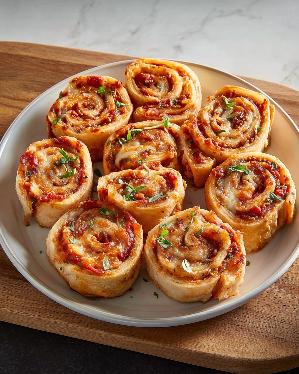 A round white plate is filled with eleven rolled pizza pinwheels arranged closely together in a circle. Each pinwheel consists of a light golden-brown dough layer rolled tightly with a visible layer of red tomato sauce and melted cheese inside, giving a spiral effect. Small green herb leaves are sprinkled on top of the rolls, adding a fresh color contrast. The plate rests on a wooden cutting board which sits on a white marbled surface. Photo taken with an iphone --ar 4:5 --v 7