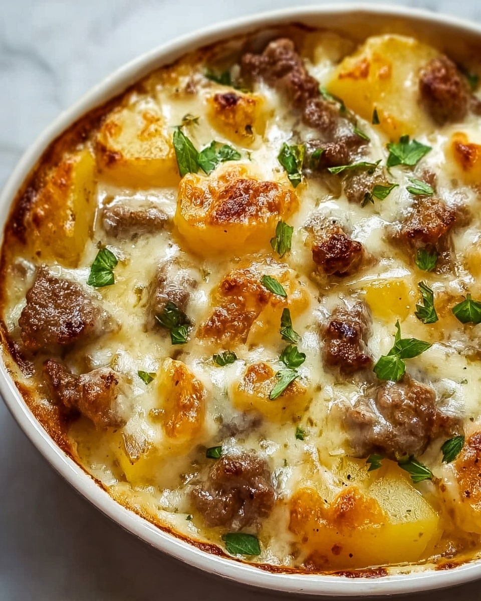 The dish shows a close-up view of a baked casserole with two main layers. The bottom layer consists of large, soft yellow potato chunks that are slightly golden brown on the edges. Above this layer, there is a generous amount of melted white cheese that is bubbly and browned in spots. Scattered on top are browned, cooked pieces of beef that look juicy and tender. Small bits of chopped green herbs are sprinkled evenly over the surface, adding a touch of fresh color. The dish is in a round white bowl, and the background is a white marbled texture. photo taken with an iphone --ar 4:5 --v 7