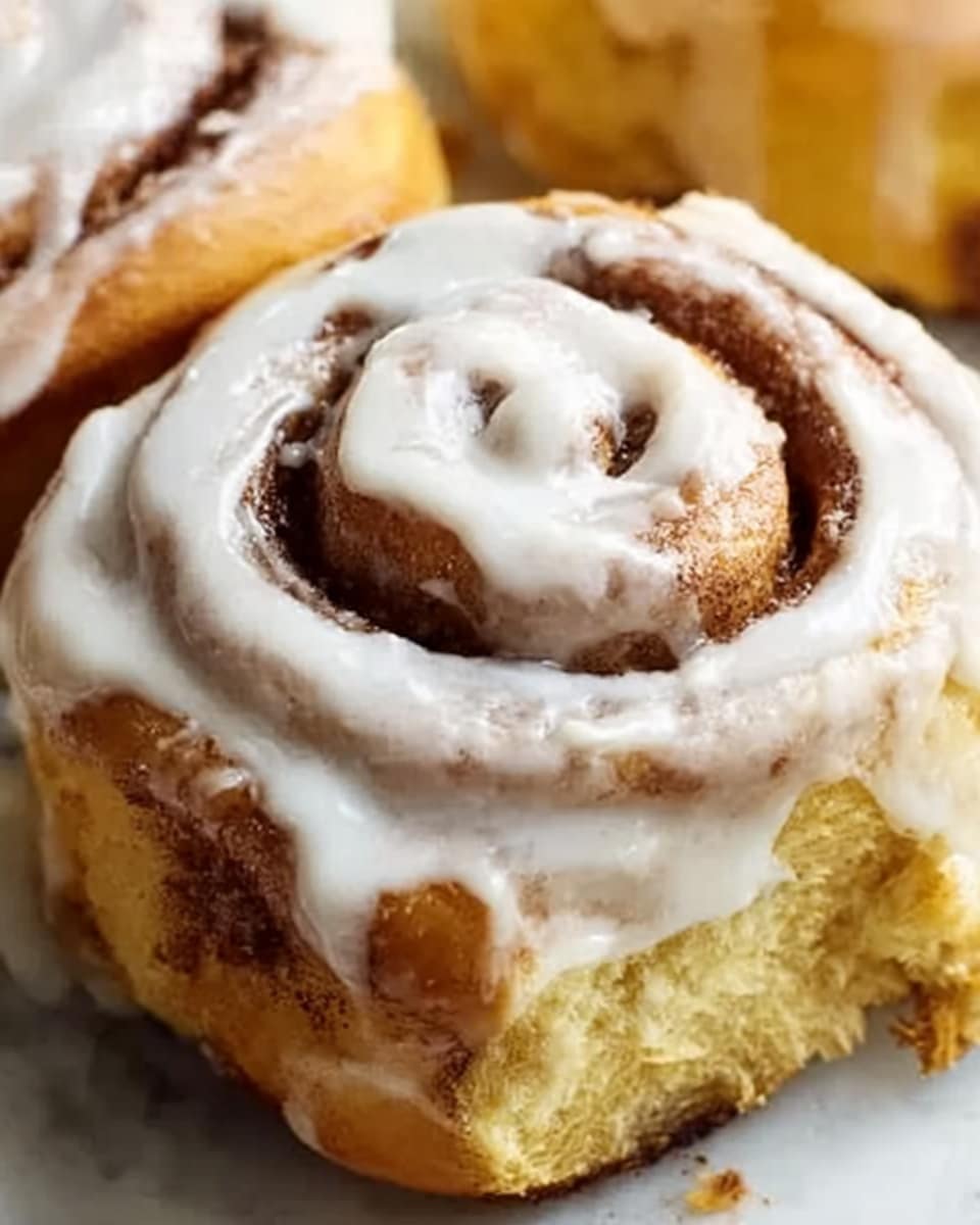 A close-up of a cinnamon roll showing two layers: the bottom layer is a golden-brown soft dough with visible swirls of cinnamon, and the top layer is a thick, smooth white icing generously covering the roll with a slightly shiny texture. The roll is placed on a white marbled surface with parts of another cinnamon roll visible nearby. The photo is taken from above, emphasizing the icing’s creamy texture and the bread’s warm, soft look. Photo taken with an iphone --ar 4:5 --v 7