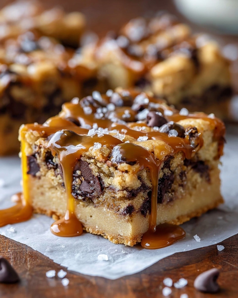 A thick square slice of a chocolate chip cookie bar shows three layers: a bottom light beige cookie base, a middle layer packed with dark chocolate chunks mixed in light cookie dough, and a top cookie layer dotted with more chocolate chips. Golden caramel sauce is drizzled generously over the top and sides, gently pooling around the base. A few coarse white salt crystals are scattered on top and around the slice, which sits on a piece of white parchment paper on a wooden table. The background is softly blurred with more cookie bars visible. photo taken with an iphone --ar 4:5 --v 7
