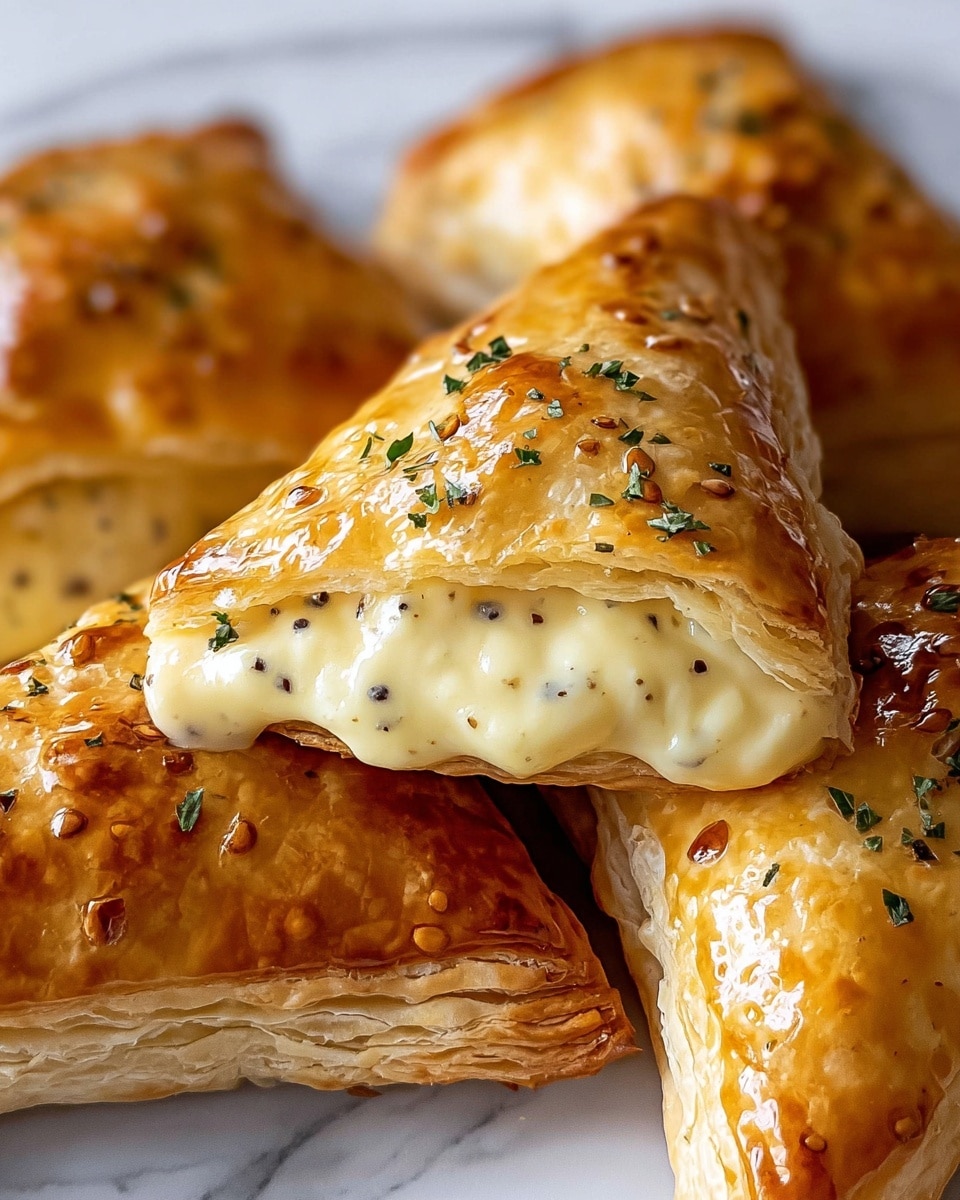 A close-up of a golden-brown puff pastry turnover cut open to show a thick, creamy filling inside speckled with black pepper. The pastry is flaky with shiny, crisp layers on the outside and sprinkled with small pieces of fresh green herbs on top. More whole turnovers with the same shiny, flaky texture and herb garnish are stacked underneath. The background is a white marbled texture. photo taken with an iphone --ar 4:5 --v 7