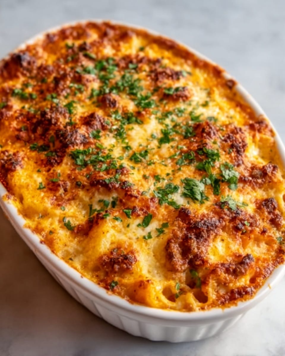 The image shows a white oval dish filled with a baked pasta dish. The top layer is golden brown and bubbly with melted cheese, showing some crispy edges. There are small bits of browned meat mixed into the cheese topping, with fresh chopped green herbs sprinkled across the surface. The dish looks thick and creamy underneath the cheese crust, with hints of tomato sauce and pasta visible along the edges. The dish is placed on a white marbled surface. Photo taken with an iphone --ar 4:5 --v 7