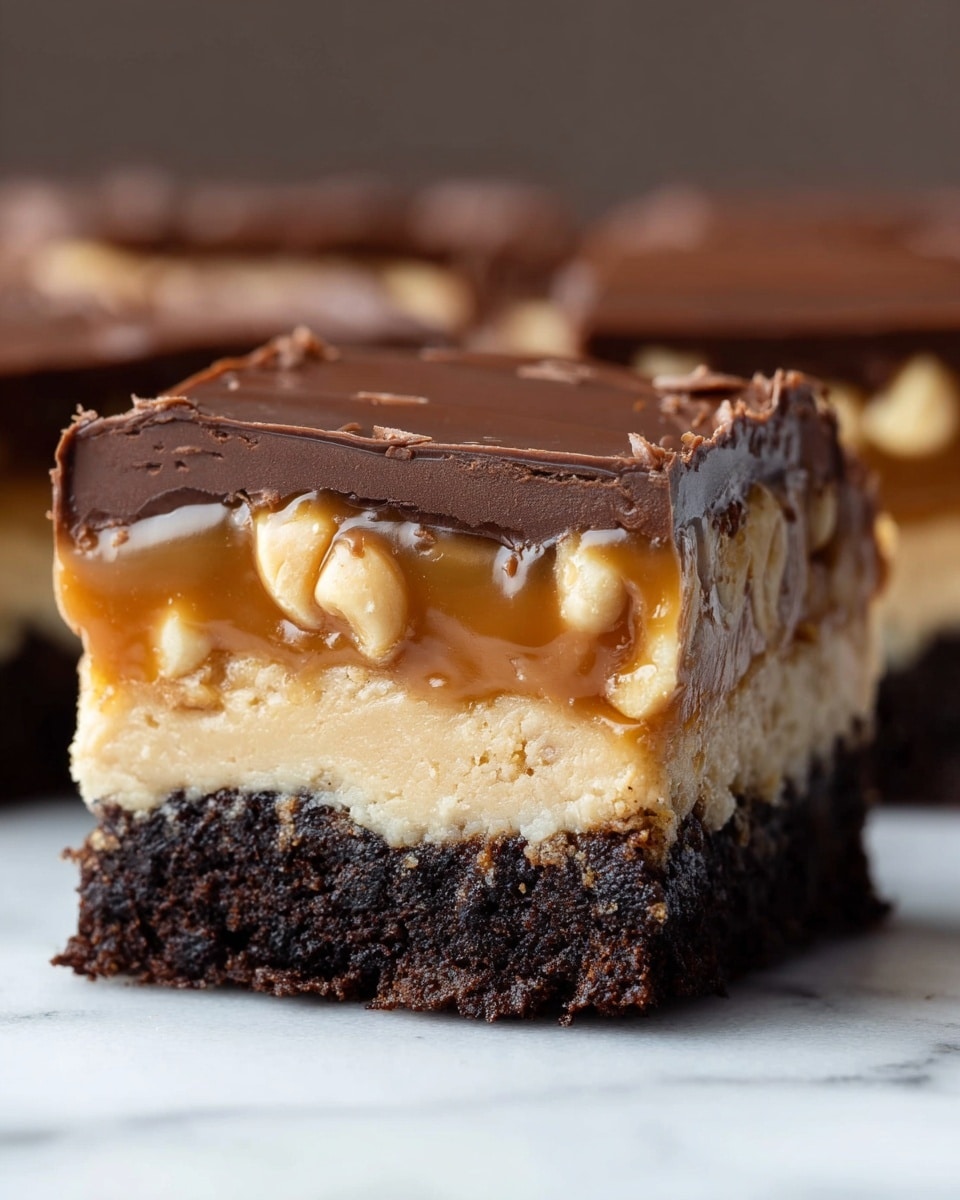 A close-up view of a square dessert bar showing four clear layers: the bottom layer is dense and dark brown, resembling rich chocolate brownie; above that is a creamy, light beige layer with a smooth, slightly crumbly texture; the third layer is thick caramel with a golden brown color mixed with whole peanuts visibly embedded within; the top layer is a smooth, glossy milk chocolate coating with slight cracks and a shiny finish. The background is a blurred white marbled surface. photo taken with an iphone --ar 4:5 --v 7
