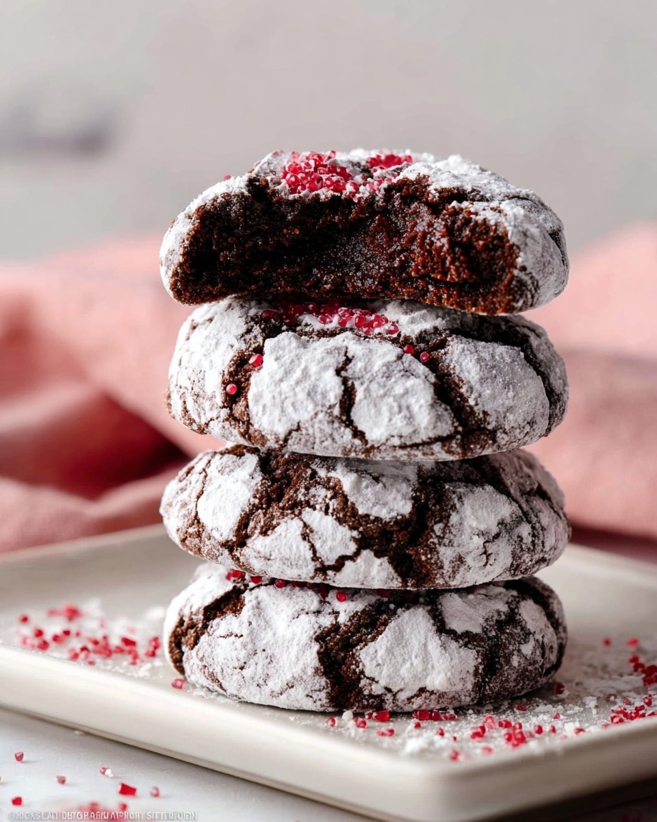 The image shows a stack of four dark chocolate crinkle cookies on a white rectangular plate. Each cookie is covered with a layer of white powdered sugar that cracks open slightly to reveal the dark chocolate cookie beneath. The top cookie is broken in half, showing a moist, dense, and rich dark brown interior. Small red sprinkles are scattered on top and around the cookies adding a pop of color. The plate sits on a white marbled texture with a soft pink cloth blurred in the background. photo taken with an iphone --ar 4:5 --v 7