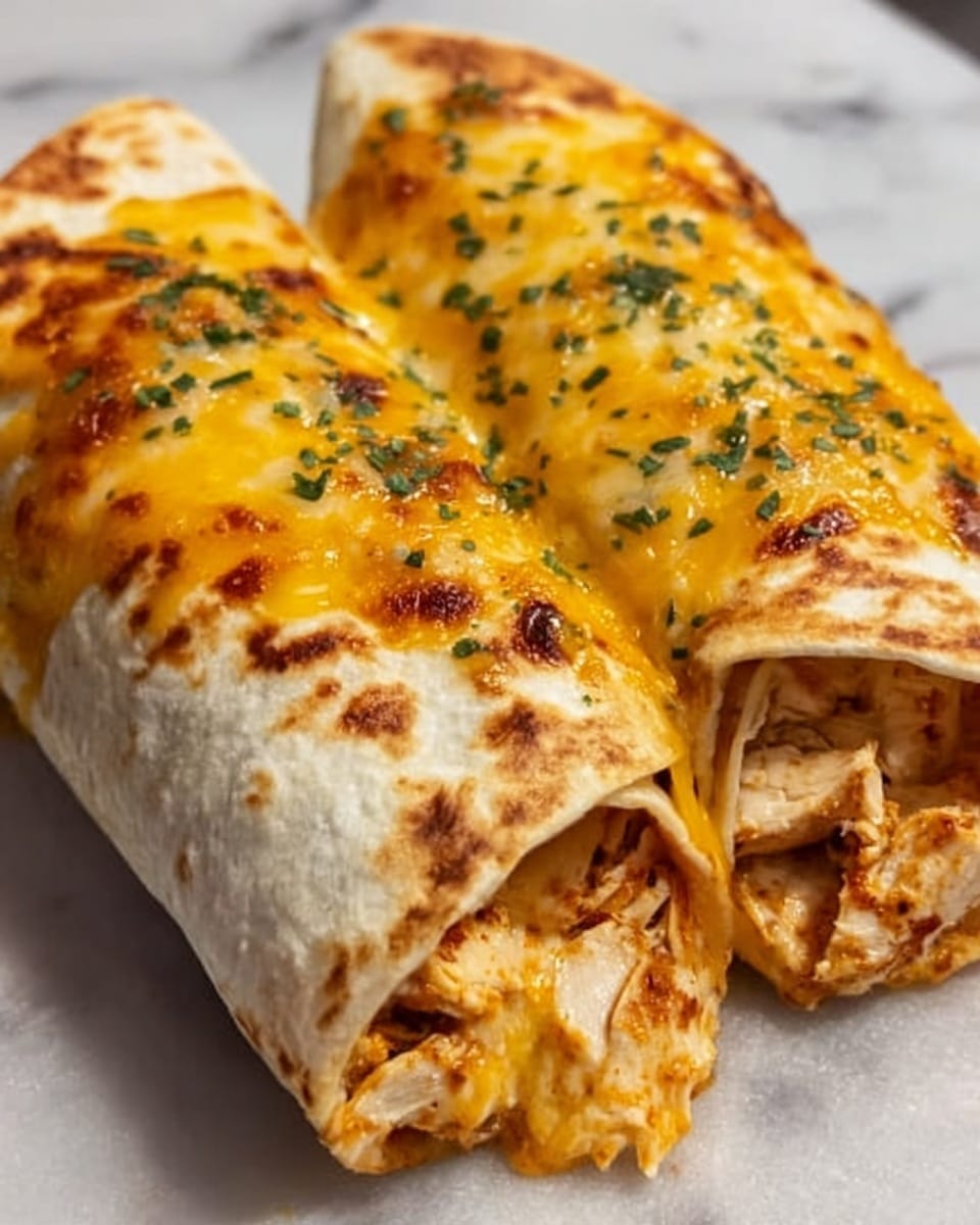 Two rolled tortillas filled with shredded chicken and melted yellow cheese inside, covered with a golden-brown melted cheese layer on top, sprinkled with small green herb pieces, placed close together on a white marbled surface. The tortillas look soft with slightly crispy browned spots, and the cheese inside is gooey and stringy where slightly pulled apart. Photo taken with an iphone --ar 4:5 --v 7