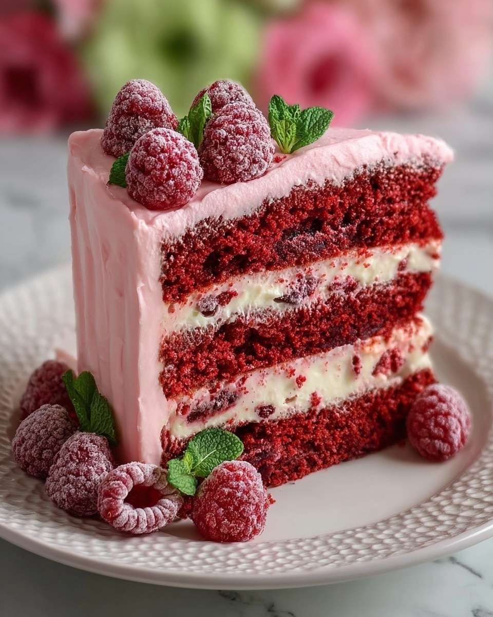 A slice of three-layer red velvet cake is shown, with each layer having a rich reddish texture mixed with white cream filling in between. The cake is covered in smooth pink frosting, and fresh raspberries, some frosted with a light dusting of frost, are placed on top and around the base. Small green mint leaves add color contrast on top and beside the berries. The cake sits on a white plate with a delicate textured design, and the background features soft pink and green blurred flowers on a white marbled surface. Photo taken with an iphone --ar 4:5 --v 7