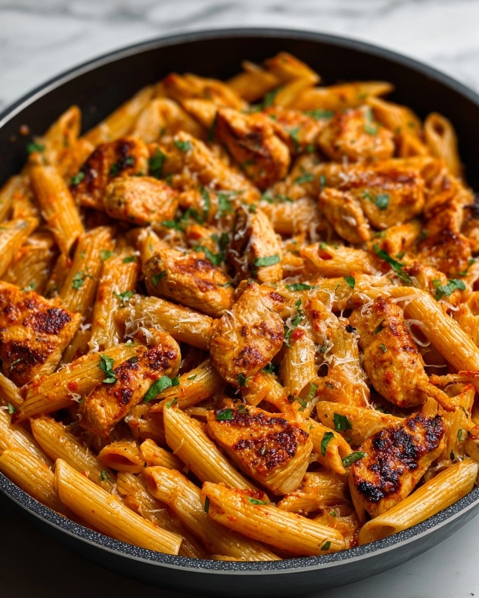 A white bowl filled with three layers of food: the bottom layer is penne pasta cooked to a light golden yellow with a soft texture, the middle layer is chunks of grilled chicken showing a slightly charred brown color, and the top layer is a mix of red tomato sauce drizzled over the chicken and pasta, sprinkled with finely chopped green herbs for garnish. The bowl sits on a white marbled surface. Photo taken with an iphone --ar 4:5 --v 7