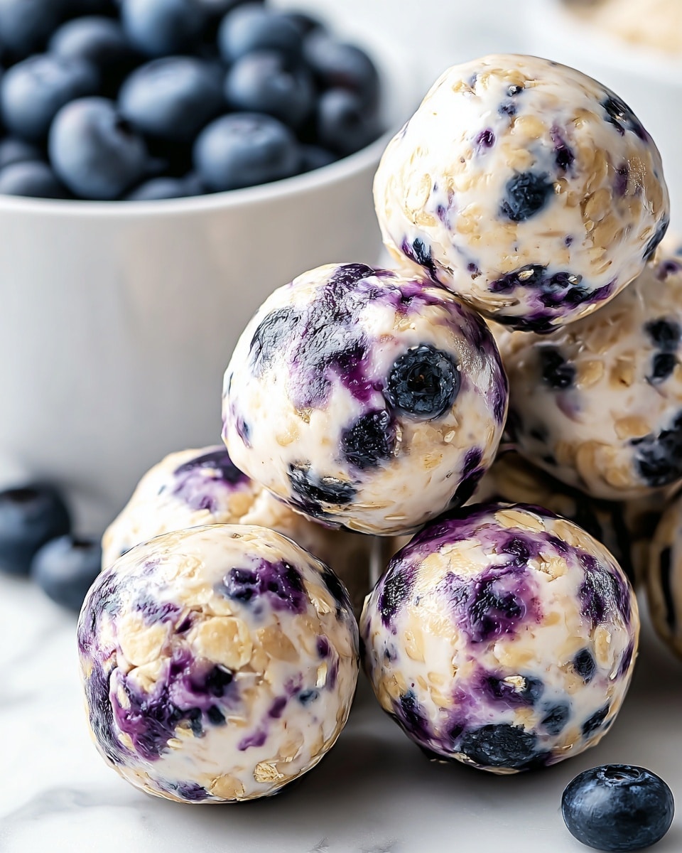 The image shows a close-up of several round energy bites made of oats and blueberries. Each bite has a creamy white base mixed with light beige oats, with dark purple and blue blueberry spots spread all over the surface. The texture looks soft and slightly sticky, with a shiny, moist appearance. The bites are stacked closely together on a white marbled surface, and in the background, there is a white bowl filled with fresh blueberries. A few loose blueberries are also scattered around the energy bites. Photo taken with an iphone --ar 4:5 --v 7