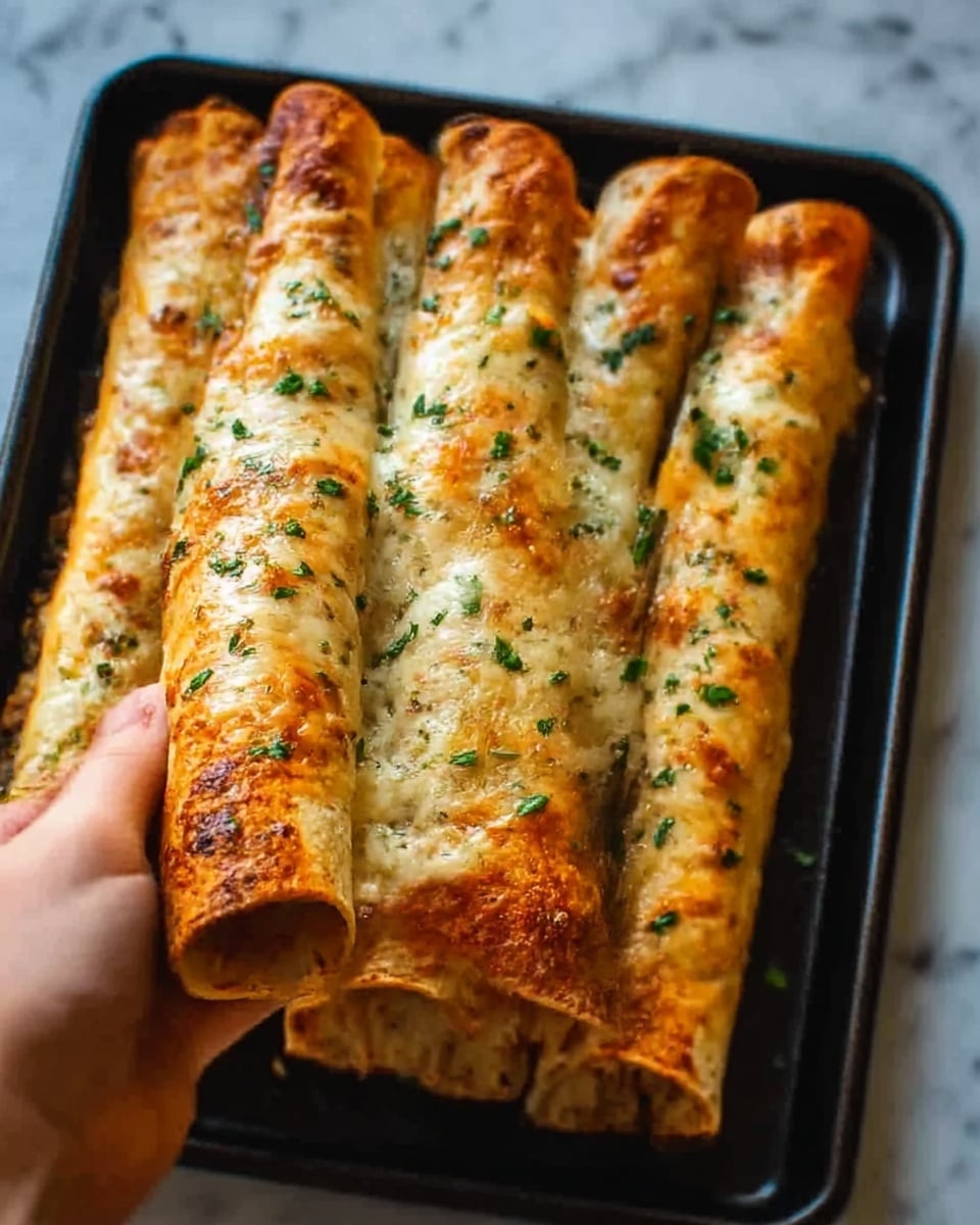 The image shows five rolled enchiladas closely placed on a dark baking tray. Each enchilada has a golden-brown crispy top layer with melted cheese that looks slightly browned and gooey in spots. Small green herbs are sprinkled evenly over the cheese layer, adding a touch of color. The enchiladas are filled, visible from their slightly open ends, showing a creamy, pale filling inside. The tray rests on a white marbled surface, and a woman's hand is seen gently holding one enchilada from the side. photo taken with an iphone --ar 4:5 --v 7