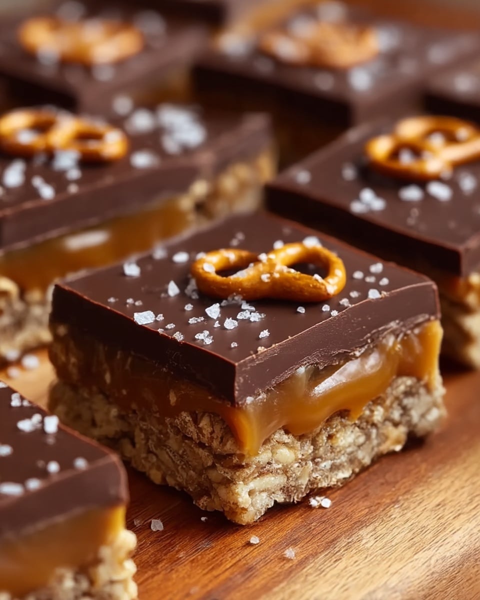 This image shows a close-up view of square dessert bars with three distinct layers. The bottom layer is light brown and crunchy, made of a mix of crispy cereal pieces. The middle layer is a thick, rich caramel with a smooth and slightly shiny texture, flowing softly over the bottom. The top layer is a glossy, dark chocolate coating, thick and firm, sprinkled with coarse white salt crystals and small broken pretzel pieces that add contrast in color and texture. The squares are placed on a wooden surface with a blurred background, highlighting the dessert's textures and layers clearly. photo taken with an iphone --ar 4:5 --v 7