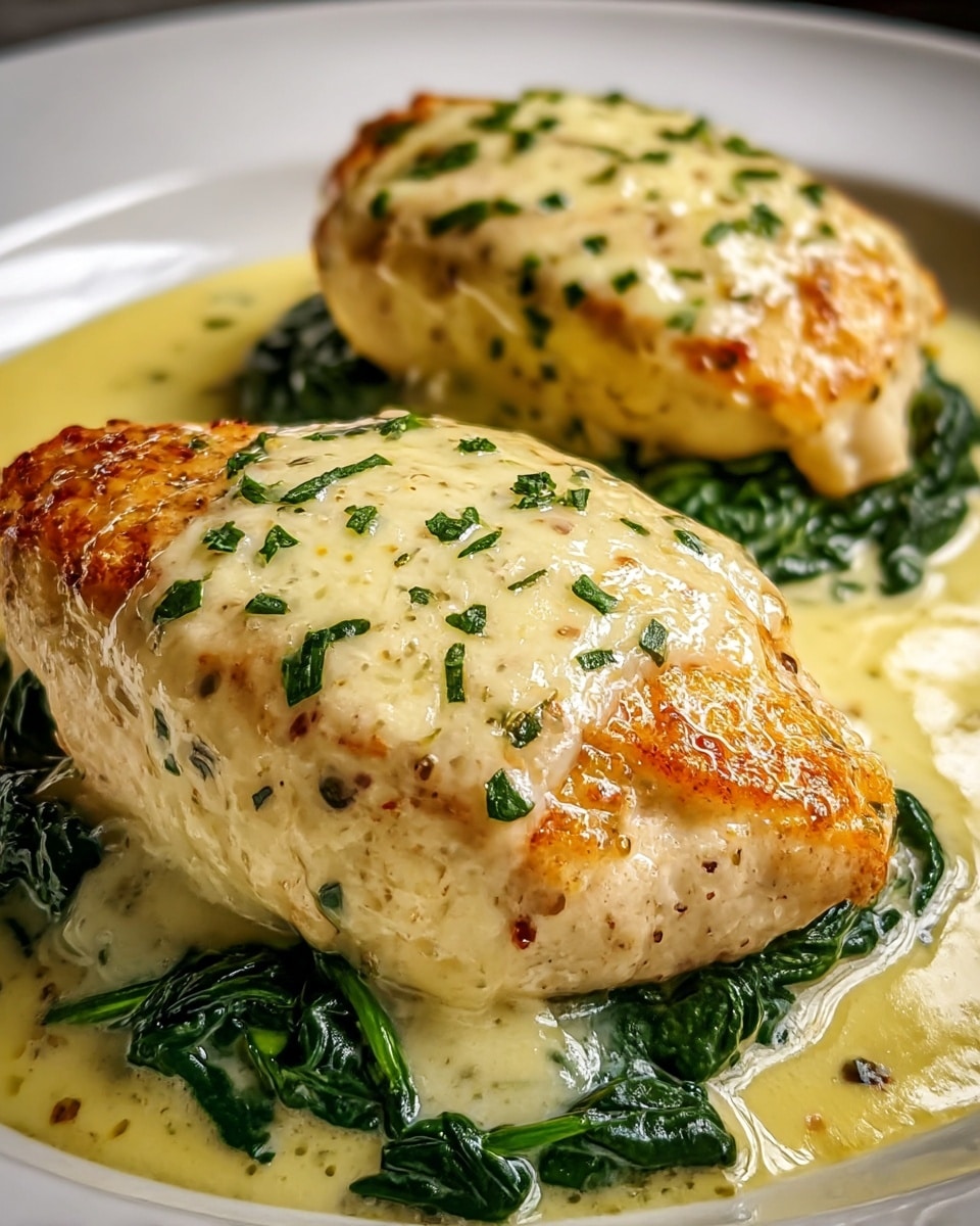 Two thick pieces of chicken sit on a layer of dark green cooked spinach, all covered in a creamy, light yellow sauce. The chicken is topped with a melted cheese layer lightly browned with small green herb pieces sprinkled on top. The spinach and sauce spread across the bottom of a white plate with a glossy finish. The food looks warm and creamy with a little crisp on the cheese. Photo taken with an iphone --ar 4:5 --v 7