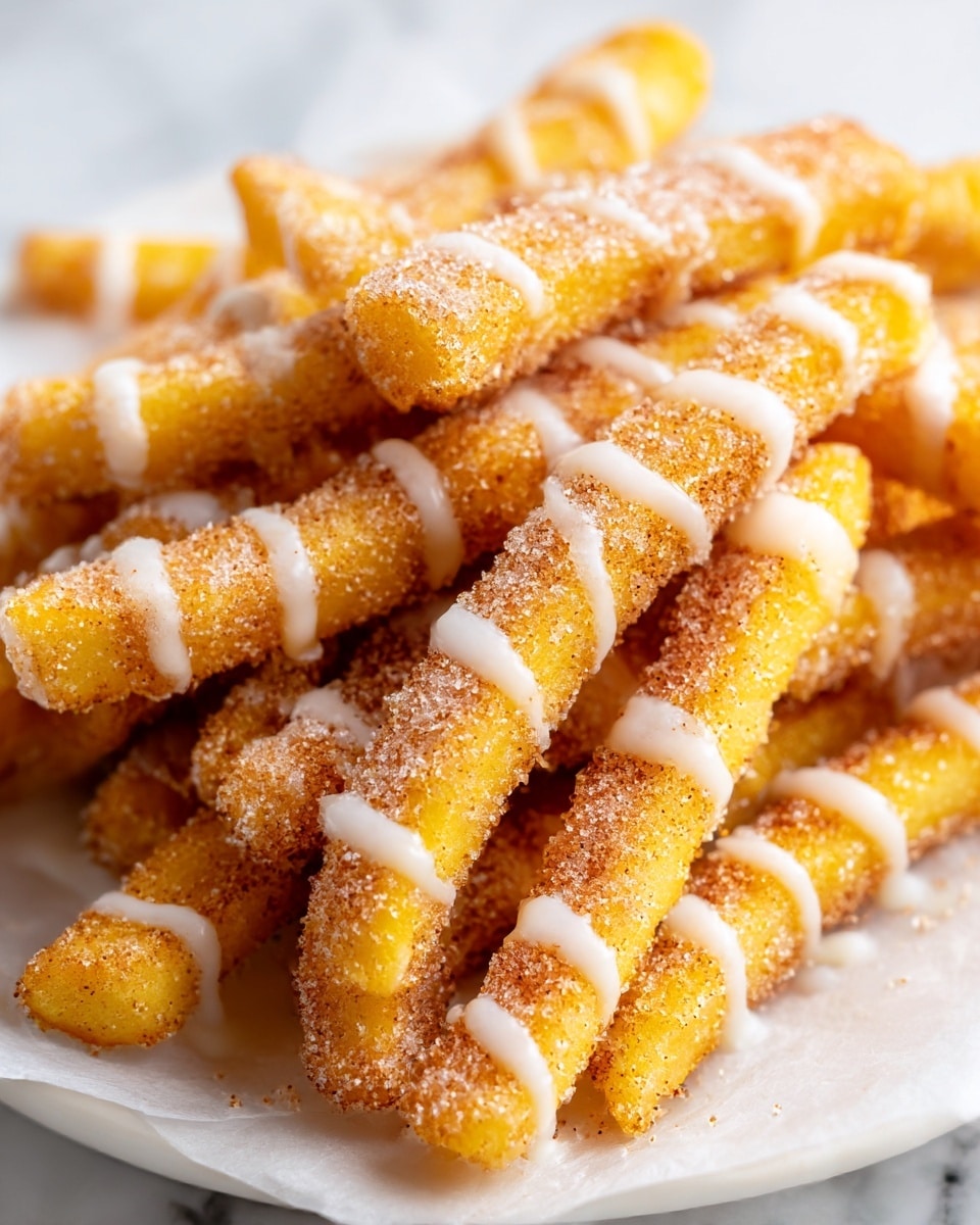 A close-up view of a pile of fried potato fries arranged in two thick layers on white parchment paper over a white plate. Each fry is golden yellow with a crispy texture covered in a layer of cinnamon sugar granules, giving them a mix of light brown and white speckles. Drizzled lightly over the fries in thin, uneven lines is a smooth white glaze. The fries are stacked unevenly, some lying flat while others rest at slight angles, showing their rough, crunchy surfaces. The background is a white marbled texture. photo taken with an iphone --ar 4:5 --v 7