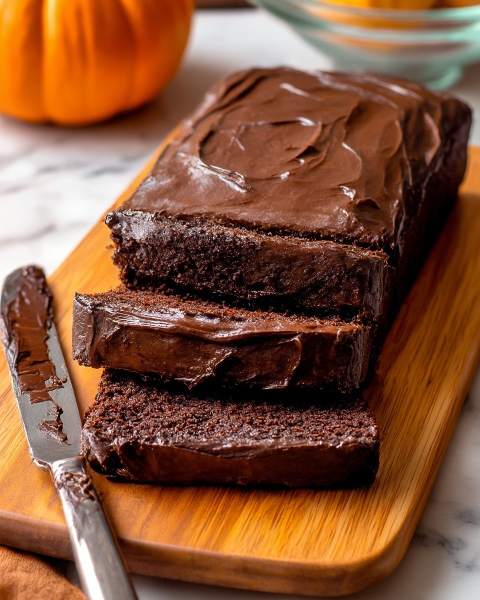A loaf-shaped chocolate cake is placed on a wooden board with a smooth wood grain pattern. The cake has four visible layers: a dark, moist chocolate base, a thick glossy dark chocolate frosting layer on top, followed by two more slices showing the rich, creamy frosting thickly spread between the layers and on top. A butter knife with some chocolate frosting on its blade lies next to the cake on the left side. In the blurred background, there is an orange pumpkin and a glass bowl, all on a white marbled texture surface. Photo taken with an iphone --ar 4:5 --v 7