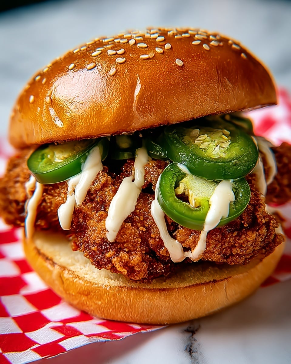 A close-up view of a fried chicken sandwich with a shiny, golden-brown sesame seed bun on top, inside there are two large crispy fried chicken pieces with a crunchy texture, drizzled with creamy white sauce in a zigzag pattern and topped with thick green spicy jalapeño slices, all placed on a soft, light brown bottom bun, resting on red and white checkered paper with a white marbled texture background, photo taken with an iphone --ar 4:5 --v 7