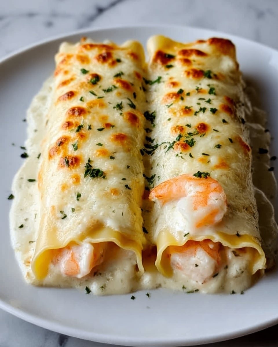 Two large cannelloni pasta tubes filled with creamy white sauce and whole shrimp inside each tube, placed side by side on a white plate. The top layer is golden-brown melted cheese with small browned spots, sprinkled with small green herb flakes. The pasta edges show a pale yellow color with a slightly soft texture. The background is a white marbled surface. Photo taken with an iphone --ar 4:5 --v 7