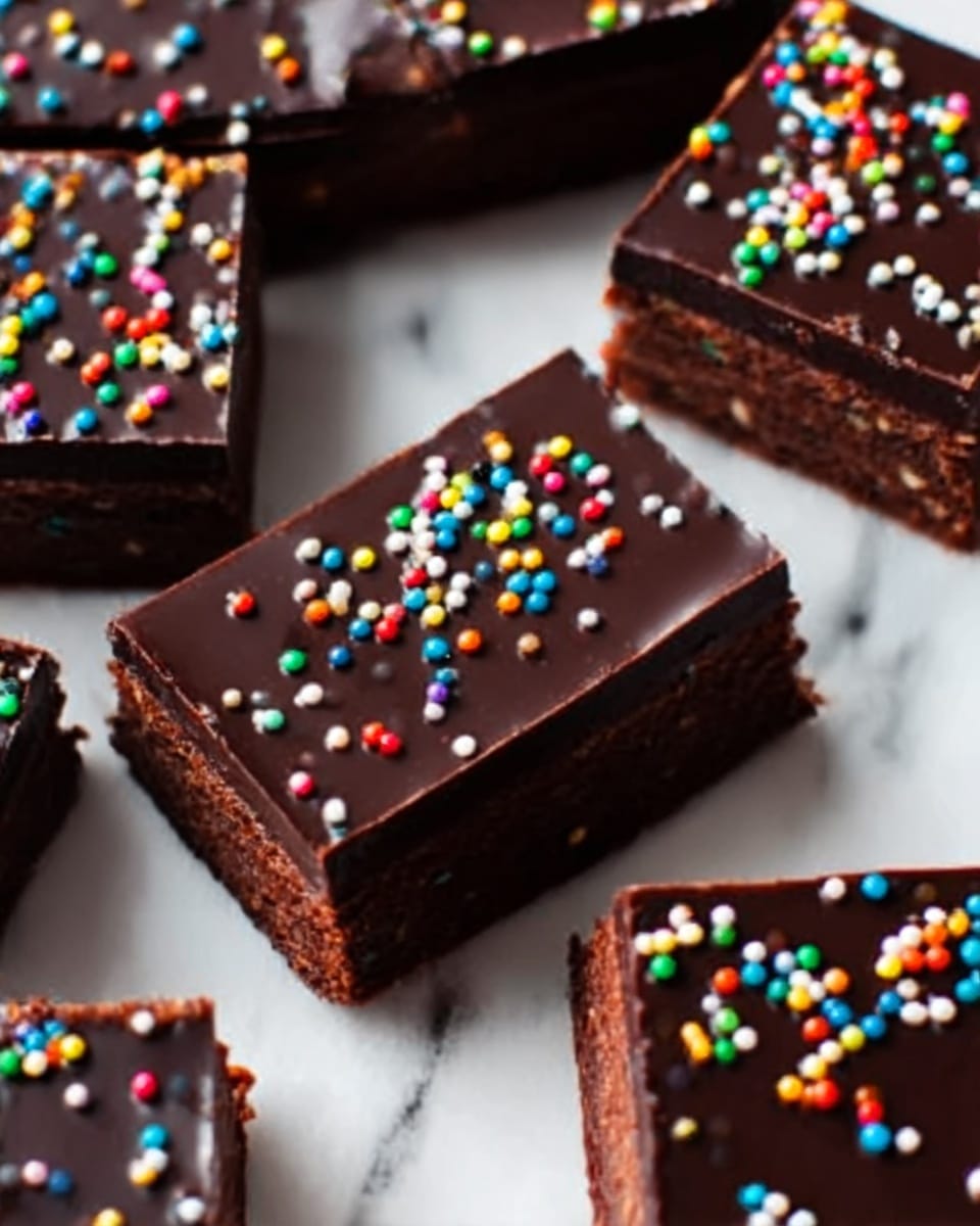 The image shows several square pieces of chocolate cake with a smooth, dark chocolate layer on top, decorated with small, colorful round sprinkles scattered evenly across the surface. The top layer is shiny and glossy, contrasting with the matte, rich brown chocolate cake base beneath it. Each piece is cut sharply, showing two clear layers: a thick chocolate cake base at the bottom and a thin, smooth chocolate frosting layer on top. The cake is placed on a white marbled surface, giving a clean and bright background that highlights the dark chocolate cake. Photo taken with an iphone --ar 4:5 --v 7