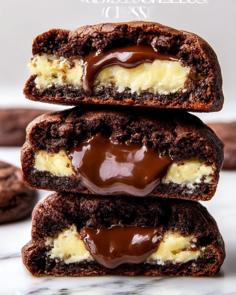 The image shows a close-up of three stacked cheesecake cookies with thick layers. The outer layer is a dark, rich chocolate cookie with a slightly cracked crust and soft, dense texture. Inside each cookie, there is a pale yellow cheesecake layer that looks creamy and smooth. In the center of the cheesecake, there is a glossy, melted dark chocolate filling that appears gooey and rich. The cookies are arranged vertically on a white marbled surface, creating a contrast between the dark cookie, creamy cheesecake, and glossy chocolate. photo taken with an iphone --ar 4:5 --v 7