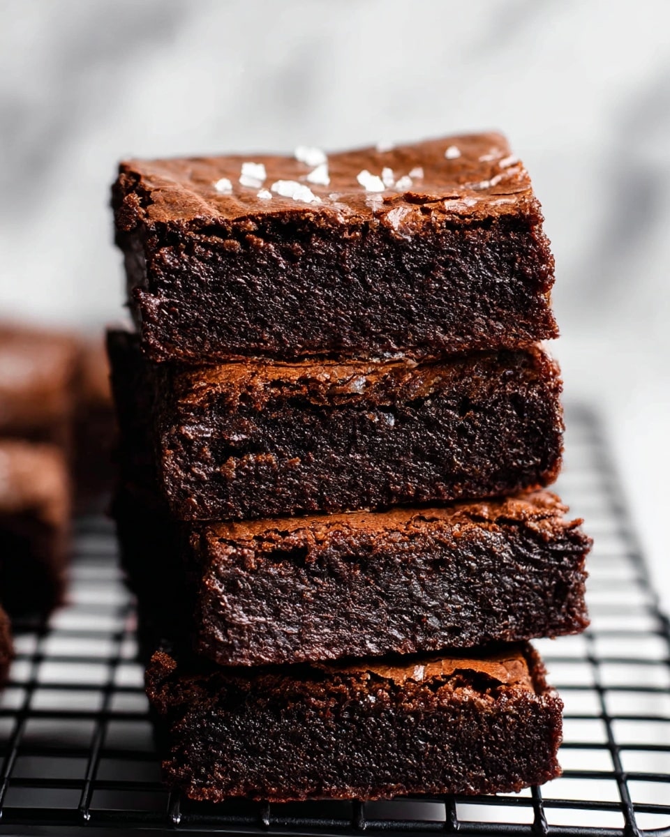 The image shows four thick, rectangular brownies stacked on top of each other on a black cooling rack placed on a white marbled surface. Each brownie has a dark, rich brown color with a slightly crispy and cracked top layer sprinkled with small white sugar crystals. The inside texture looks moist and dense with a slightly fudgy appearance. The edges are well-defined and slightly lighter in color compared to the center, showing a perfect bake. Photo taken with an iphone --ar 4:5 --v 7