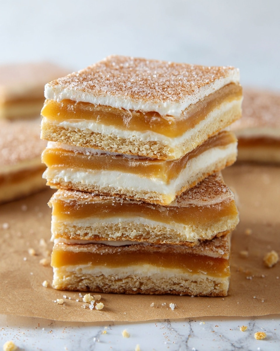 The image shows a close-up of a stack of four layered snack squares on brown parchment paper, set against a white marbled texture. Each square has a bottom light beige cracker layer with a crumbly texture, followed by a white smooth cream layer. Above this is a thick, shiny caramel layer in a golden tan color, topped with another thin cracker layer. The topmost layer is a white cream layer sprinkled with coarse granulated sugar mixed with cinnamon, providing a sparkling effect. Small crumbs and flakes are scattered around the base of the stack. photo taken with an iphone --ar 4:5 --v 7