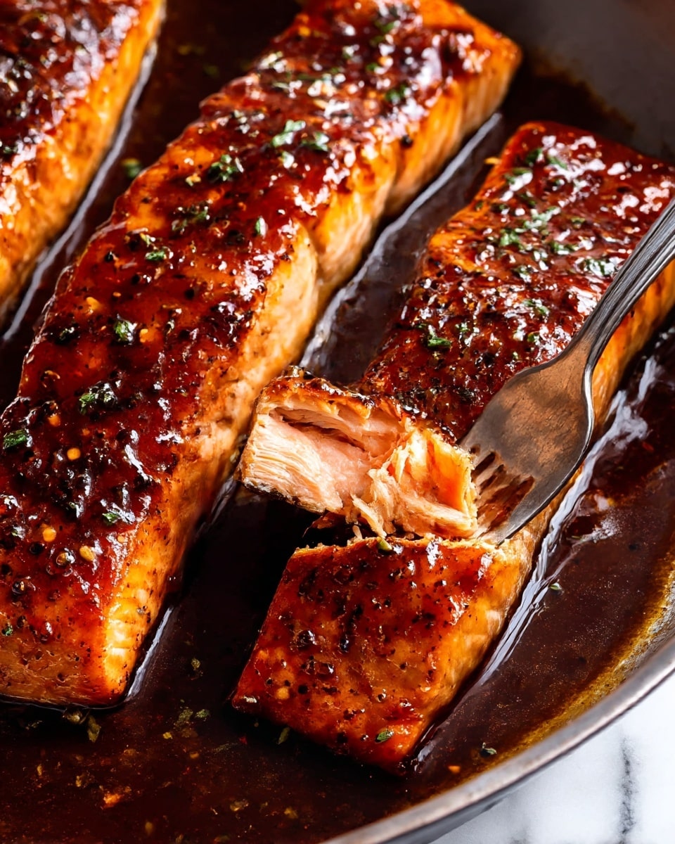 The image shows three thick salmon fillets cooked with a shiny dark reddish-brown glaze coating, sprinkled with small black pepper pieces and tiny green herb bits. The salmon layers show a bright orange color with a moist, flaky texture inside, where a fork pulls apart a small piece from one fillet. The fillets rest in a shallow layer of glossy sauce pooled inside a pan with a dark edge, all on a white marbled surface. Photo taken with an iphone --ar 4:5 --v 7