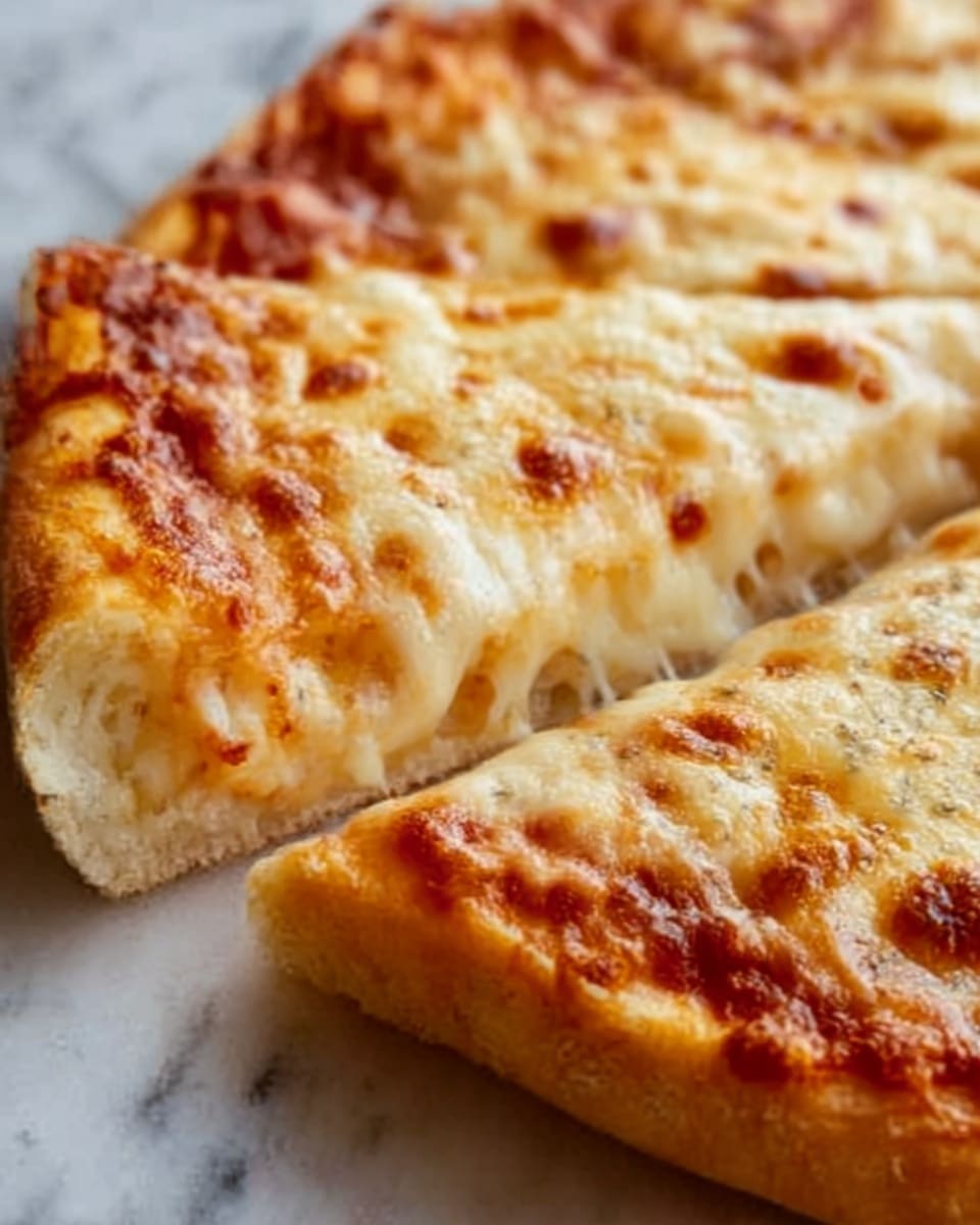 The image shows a close-up of a slice of pizza with a golden brown crust. The slice has two main layers: a smooth, melted cheese layer on top that is bubbling and slightly browned, and a thick, soft dough layer beneath that looks fluffy and light. The cheese layer appears creamy white with golden spots where it has baked longer. The pizza is placed on a white marbled surface. Photo taken with an iphone --ar 4:5 --v 7
