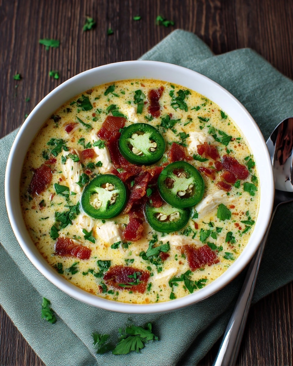 A bowl of creamy soup with a light yellow base filled with pieces of white chicken, dark red crispy bacon bits, and bright green jalapeño slices floating on top. Fresh green herbs are sprinkled all over the soup, adding a fresh contrast. The bowl is white and sits on a folded grayish-green cloth on a dark wooden surface. The spoon beside the bowl is shiny metal, reflecting light. Photo taken with an iphone --ar 4:5 --v 7