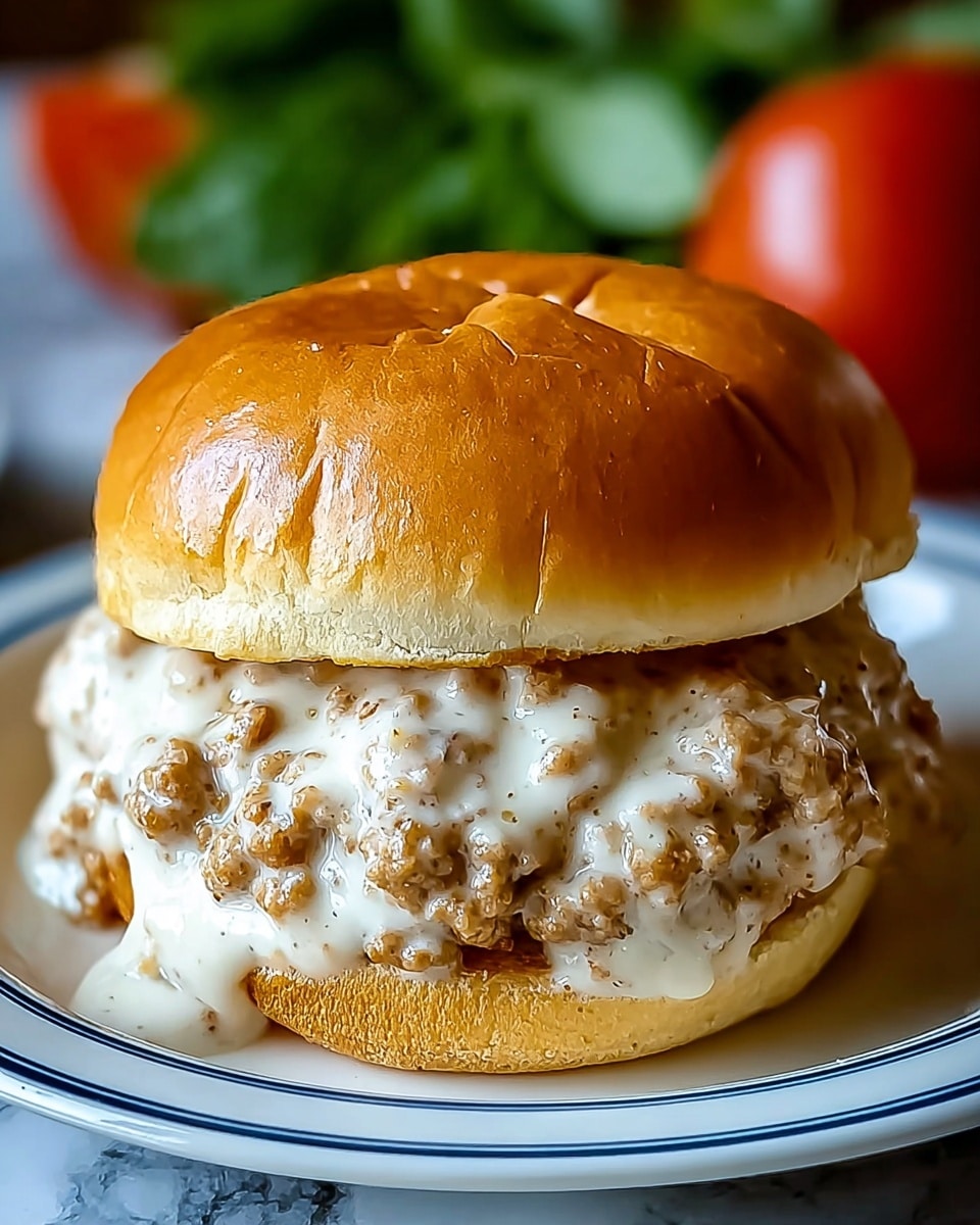 A close-up of a sandwich with two soft, shiny light brown buns on top and bottom, holding a thick, creamy layer of ground sausage covered in rich white gravy with visible flecks of seasoning, spilling slightly outside the bun edges. The sandwich sits on a white plate with a blue rim. The background shows blurred green leaves and a red tomato, all over a white marbled texture. photo taken with an iphone --ar 4:5 --v 7