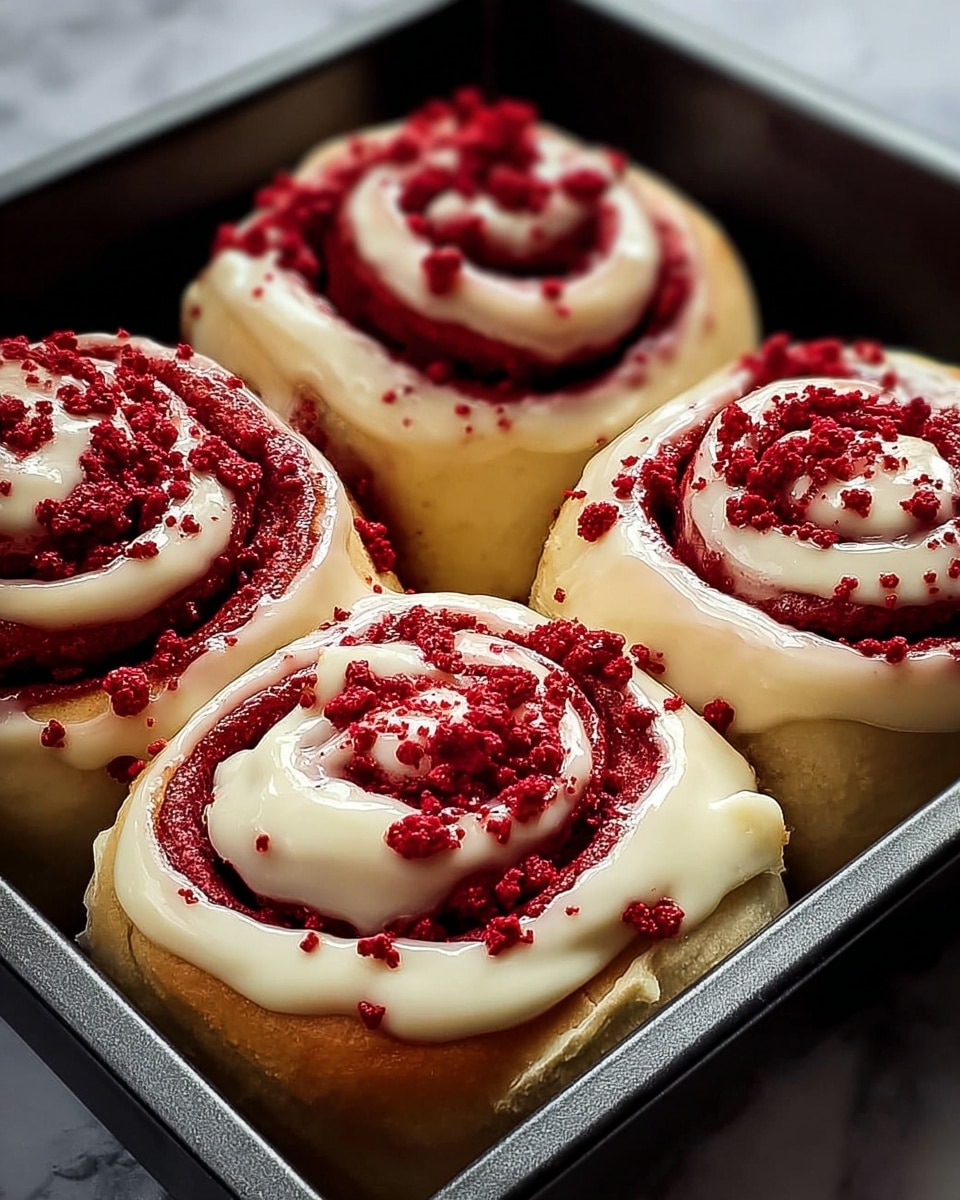 Four red velvet cinnamon rolls sit close together inside a dark baking pan. Each roll has a soft, light tan dough forming the base layer, tightly rolled with a rich, deep red velvet layer in the middle. The top spiral is covered with a creamy white icing that drips slightly over the edges. Bright red crumbs garnish the icing, adding texture and color contrast on the top of each roll. The background is a white marbled texture. Photo taken with an iphone --ar 4:5 --v 7